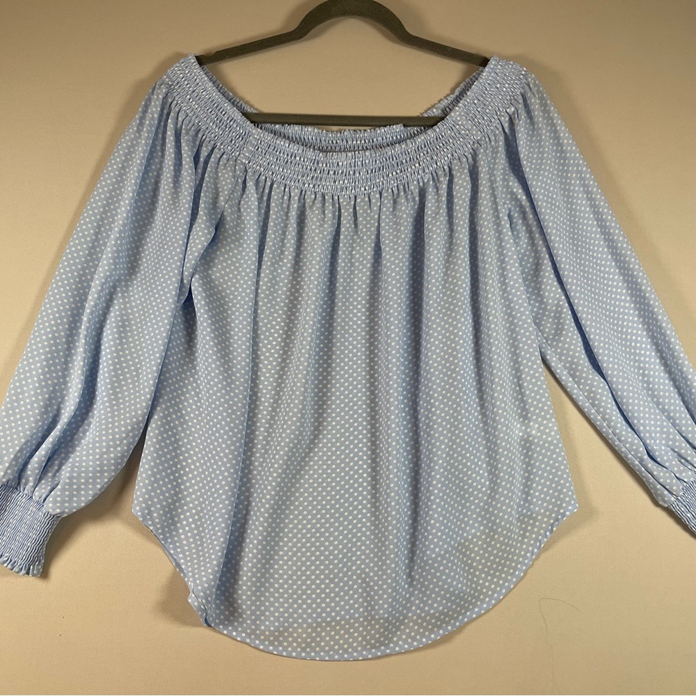 Express Light Blue Polka Dot Off-Shoulder Blouse